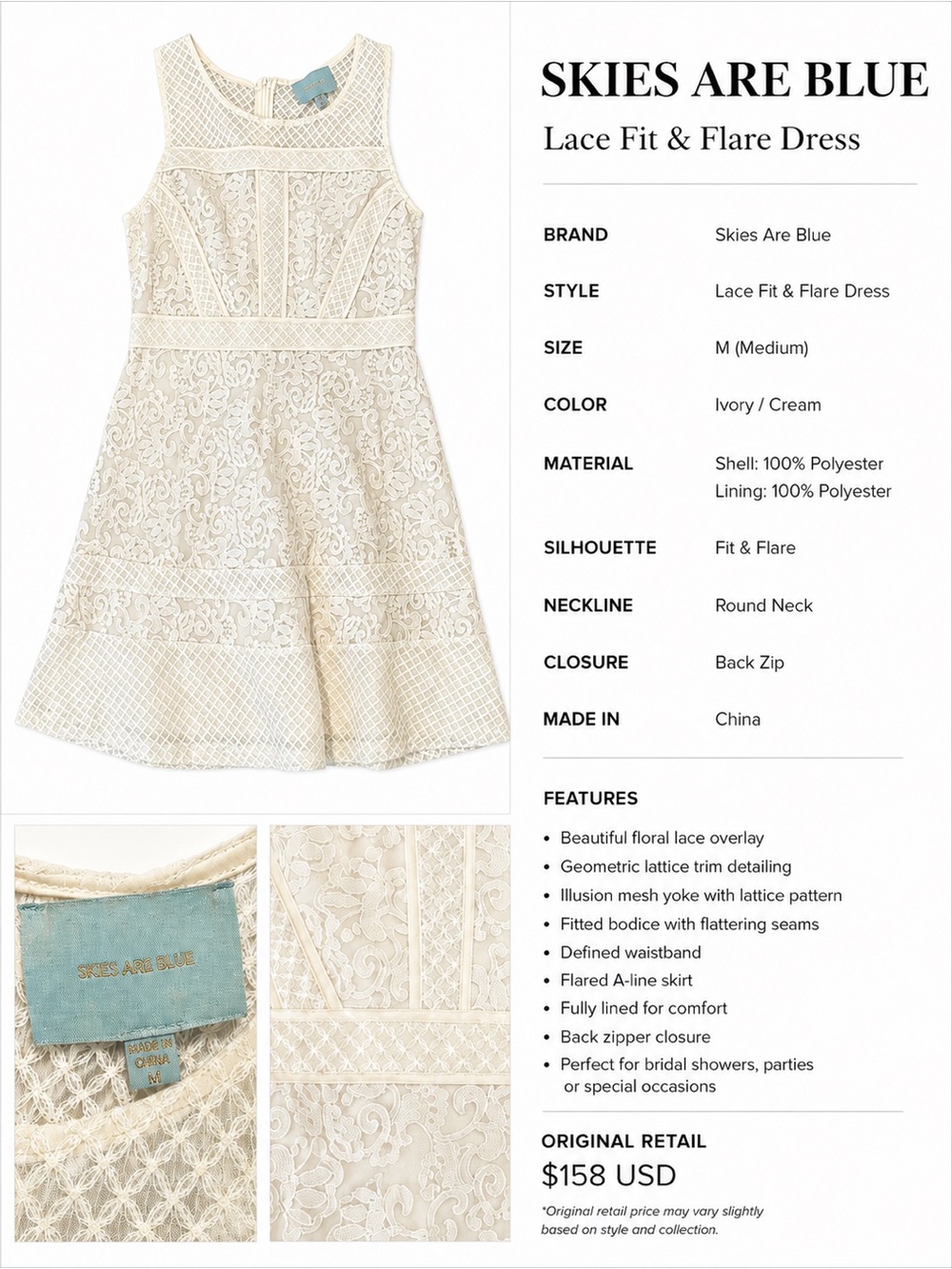 Skies Are Blue Ivory Lace Fit & Flare Party Dress